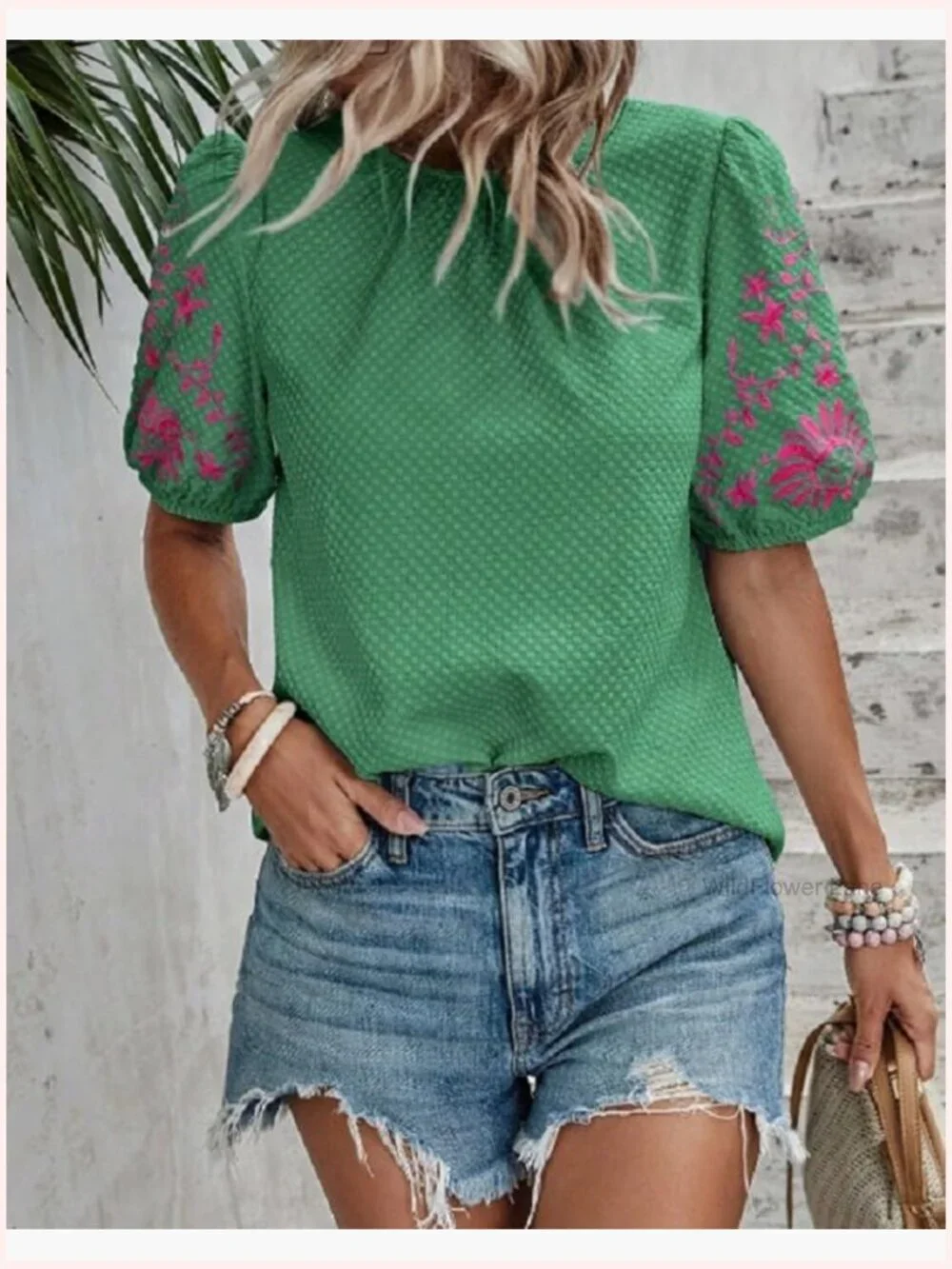 Crewneck Puff Short Sleeve Embroidered Blouse Tunic Top Loose Fit